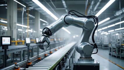 ndustrial robotic arm operates on factory line, showcasing future automation in production and tech-driven manufacturing