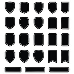 Collection of black shield and banner shapes isolated on white background