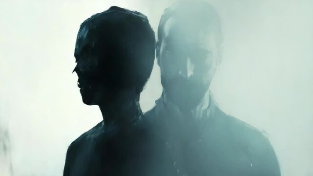 Two people standing in front of a fogy background
