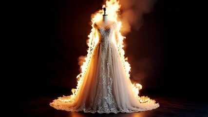 Wide shot of an elegant wedding dress on a mannequin engulfed in dramatic flames against a dark background - Powered by Adobe