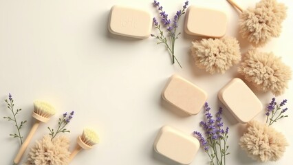 Flat Lay of Assorted Textured Soaps and Wooden Brushes on White Background 3D.