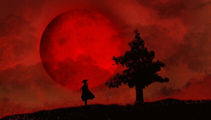 The silhouette of a long-haired warrior wearing a cloak and a sword on his back is seen traveling under a blood-red moon. Abstract illustration drawn on a tablet, used as a background.