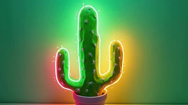 A vibrant, glowing cactus in a terracotta pot against a green backdrop. Neon pink highlights accentuate its form and spines