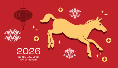 Year of the horse 2026 banner with baby foal. Lunar new year 2026 greeting card with zodiac horse silhouette and hanging lanterns decorations.