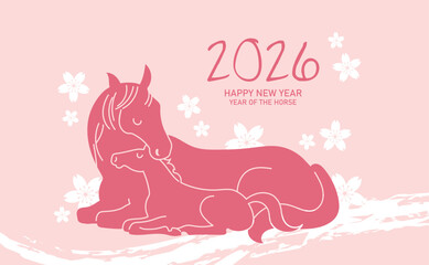 Year of the horse 2026 with mother and child horses. Lunar new year 2026 cute greeting card vector illustration with mare and foal on floral pattern background.