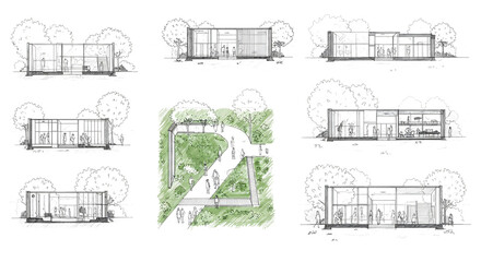 Architectural Drawings, Minimal style cad tree line drawing, Side view, set of section wetland forest outline for landscape design drawing. Vector illustration in separate element