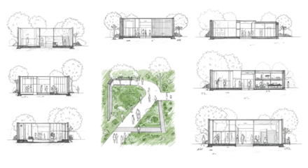 Architectural Drawings, Minimal style cad tree line drawing, Side view, set of section wetland forest outline for landscape design drawing. Vector illustration in separate element