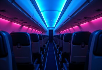Airplane Cabin Interior with Neon Pink and Blue Lighting Empty Seats Night Flight