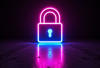 Glowing Neon Padlock Symbol on Dark Reflective Surface Cyber Security Concept