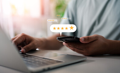 Customer review satisfaction feedback survey concepts. User give rating on Mobile phone to service...