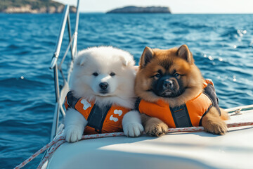 Samoyed puppy and a brown Chow Chow puppy sailing on a white yacht in the open sea, both wearing cute dog life jackets.