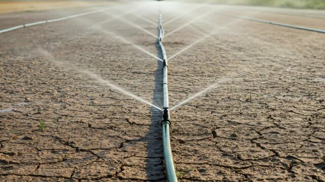 Irrigation system watering a dry agricultural field during drought prevention efforts