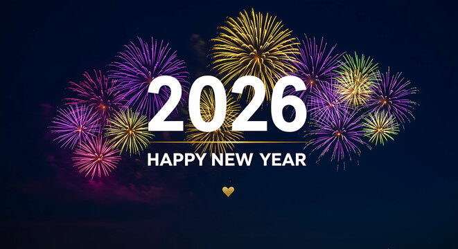 Happy new year 2026 with bursts of colorful fireworks against a dark blue sky