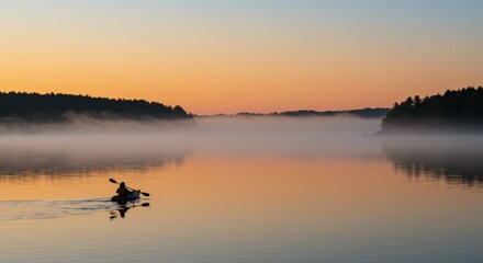 Fototapeta premium Kayaking at Sunrise on Misty Lake