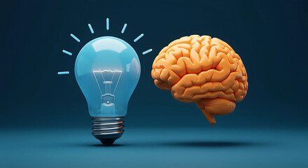 A luminous blue lightbulb radiates beside an orange brain, symbolizing bright ideas on a dark blue background