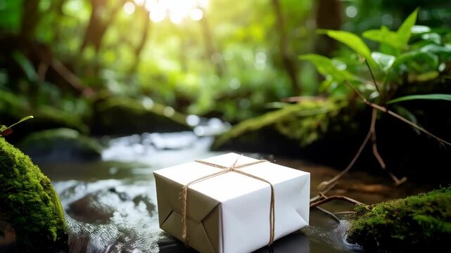 White wrapped gift box with twine sitting on a river flowing through a green forest with mossy rocks and dappled sunlight.