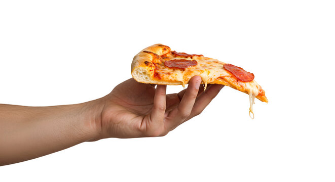 hand holding a slice of pizza