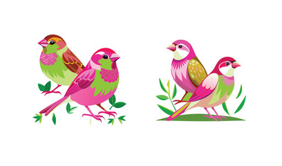 Photo of vibrant pink and green birds perched on leafy branches, isolated on white background