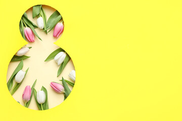 Cut paper in shape of figure 8 with beautiful tulips on yellow background. International Women's Day