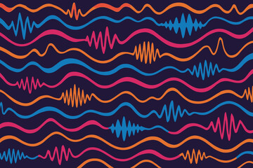Vibrant neon audio wave seamless pattern on dark backdrop