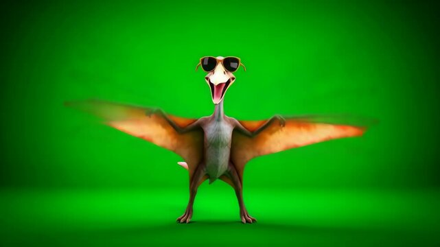 Cool Pterodactyl Cartoon Character on Green Screen - A cheerful cartoon pterodactyl wearing sunglasses stands with wings outstretched against a bright green screen background.