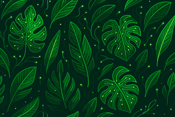 Fototapeta premium Neon green leaf pattern with circuit-board veins on dark backdrop