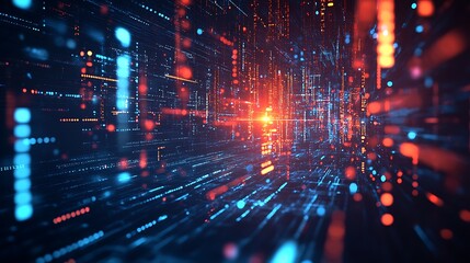 Fototapeta premium Abstract Data Stream Red and Blue Digital Lights on Network Grid