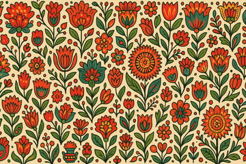 Seamless folk floral pattern with red and green hand-drawn flowers