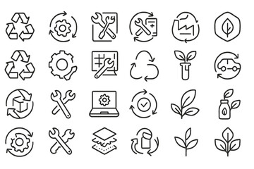 Set of eco-friendly and recycling icons with tools and plant motifs