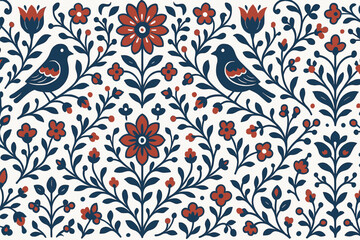 Folk art floral pattern with birds in red and navy on white background