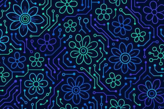 Seamless floral circuit pattern with neon tech elements on dark background
