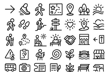 Fototapeta premium Icon set for walking, hiking, and outdoor community activities
