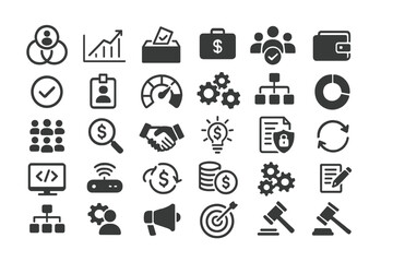 30 icons representing finance, governance, and digital systems tools