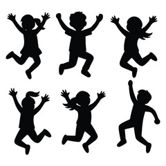 Six jumping children silhouettes isolated on white background