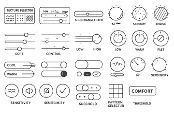 Set of tactile UI control icons for sensory and audio adjustment interfaces