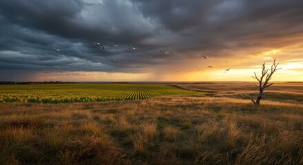 Obraz premium Sunflower field contrasts with storm clouds