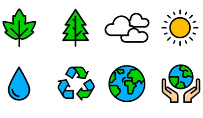 Ecology icon set. leaf, tree, Recycle, Planet Earth, Water Drop, clouds, sun, hands holding the earth. Solid icons vector collection.