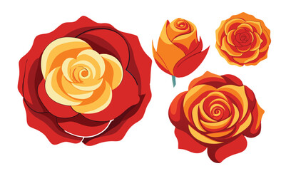 Photo of four stylized illustrations of roses, in fiery orange and red hues, isolated on white background