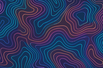 Seamless neon topographic pattern with glowing contour lines on dark background