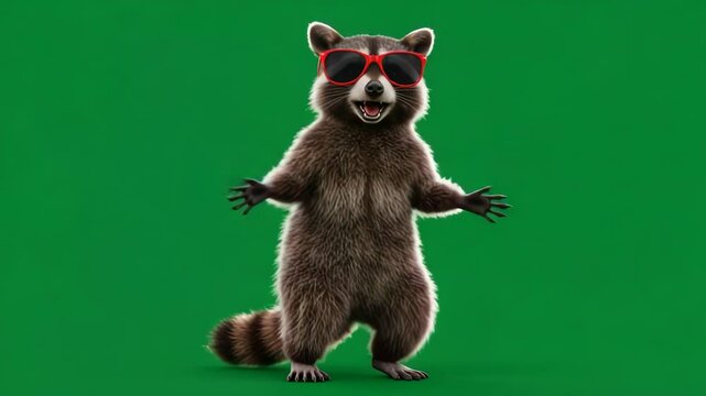 Cool Raccoon in Sunglasses on Green Screen - A fun and friendly CGI raccoon wearing red sunglasses stands against a green screen background, arms outstretched in a welcoming gesture.