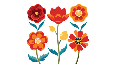 Photo of vibrant red and orange stylized floral illustrations isolated on white background