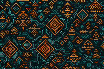 Futuristic tribal pattern blending circuit lines with geometric symbols