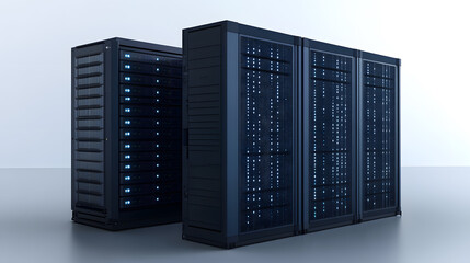 Row of black server racks with illuminated panels in a clean, modern data center environment