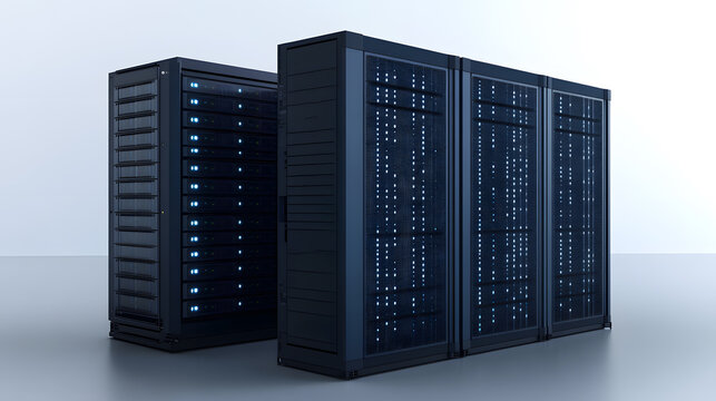 Row of black server racks with illuminated panels in a clean, modern data center environment - Powered by Adobe