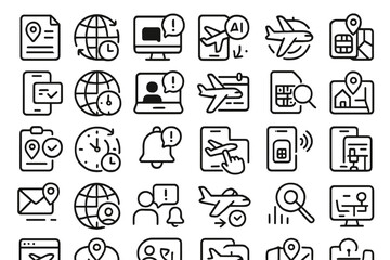 Travel and location interface icon set with planes, maps, clocks, and alerts