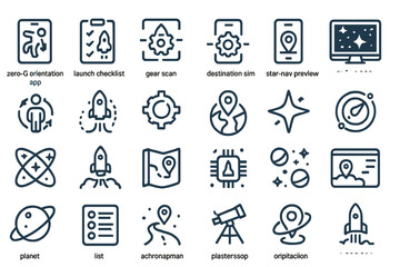 Set of space exploration icons with rockets, star maps, and navigation tools