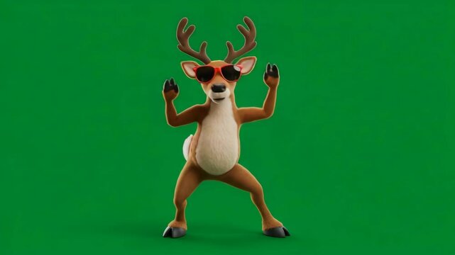 Cool Reindeer Dancing on Green Screen - A 3D-animated reindeer wearing sunglasses strikes a fun, dance-like pose against a bright green screen.