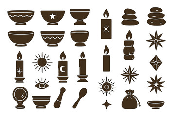 Set of calming, mystical icons, including candles, bowls, stones, stars, and other symbols associated with relaxation, spirituality, and mindfulness practices.
