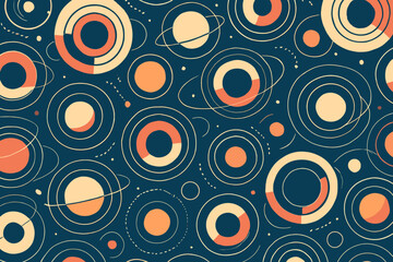 Fototapeta premium Abstract geometric pattern featuring circular shapes and orbits with soft orange and cream tones, set against a dark blue background.