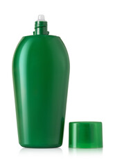Green plastic squeeze bottle with open flip cap dispenser isolated on white background for packaging or product design